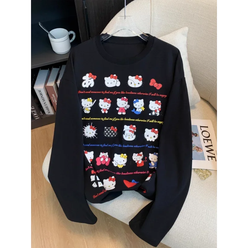 Топ с принтом Hello Kitty новая осенняя хлопковая свободная повседневная футболка