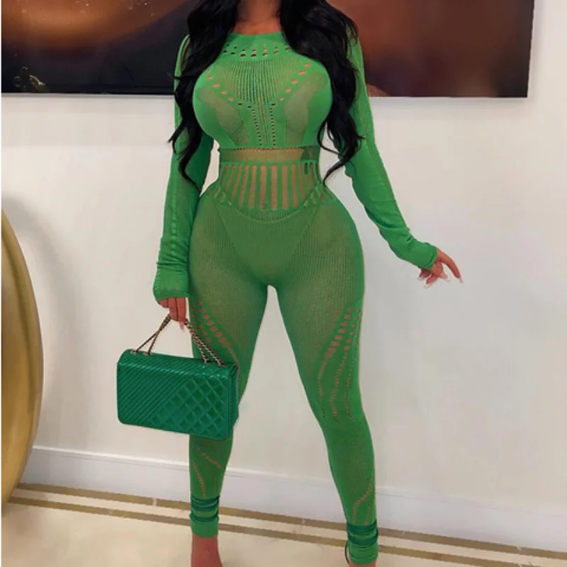 

New Knitted Pencil Jumpsuit Women Fall Outfit Sexy Hollow Out All In One Overall Monos Mujer Party Street One Piece Attirewear