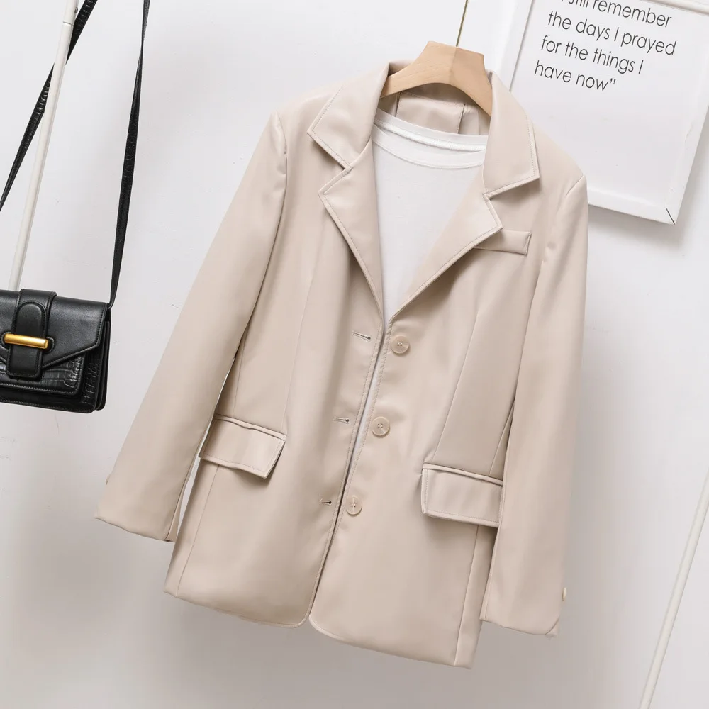 2023 Spring and autumn new design sense leather clothes casual retro chic slimming women's mid-length suit jacket