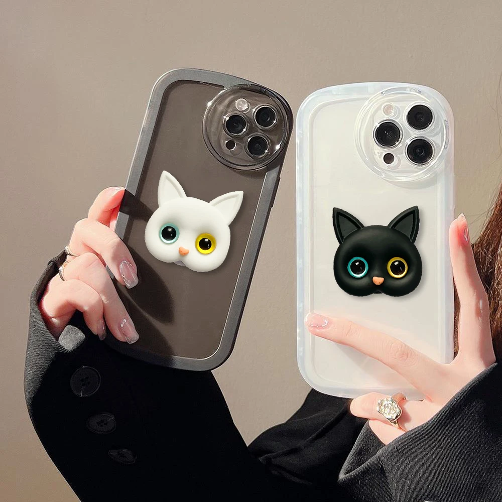 

Simple Plain Cute White Cat Phone Case with Stand Holder Case For Samsung Galaxy S20 S21 Plus S22 Ultra Korea Grip Tok Griptok