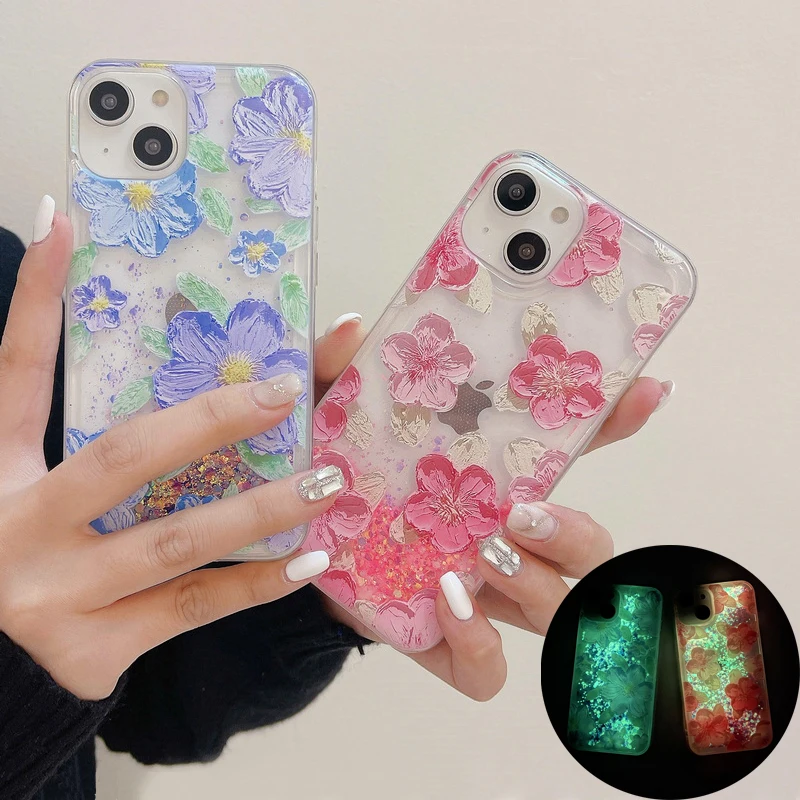 

Flower Pattern Luminous Quicksand Clear Phone Case For iPhone 14 Pro 12 13 11 Pro Max 14 Plus Liquid Glitter Sand Back Cover