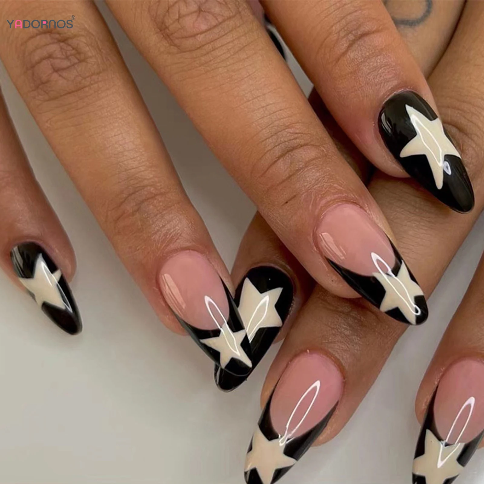

24Pcs Fake Nails French y2k Press on False Nails with Stars Designs Long Stiletto Almond Shape Full Cover Nail Tips for Girls
