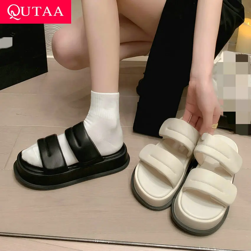 

QUTAA 2023 Women Sandals Slippers Pumps Genuine Leather Round Toe Thick Low Heels Shoes Woman Summer Casual Party Size 35-40