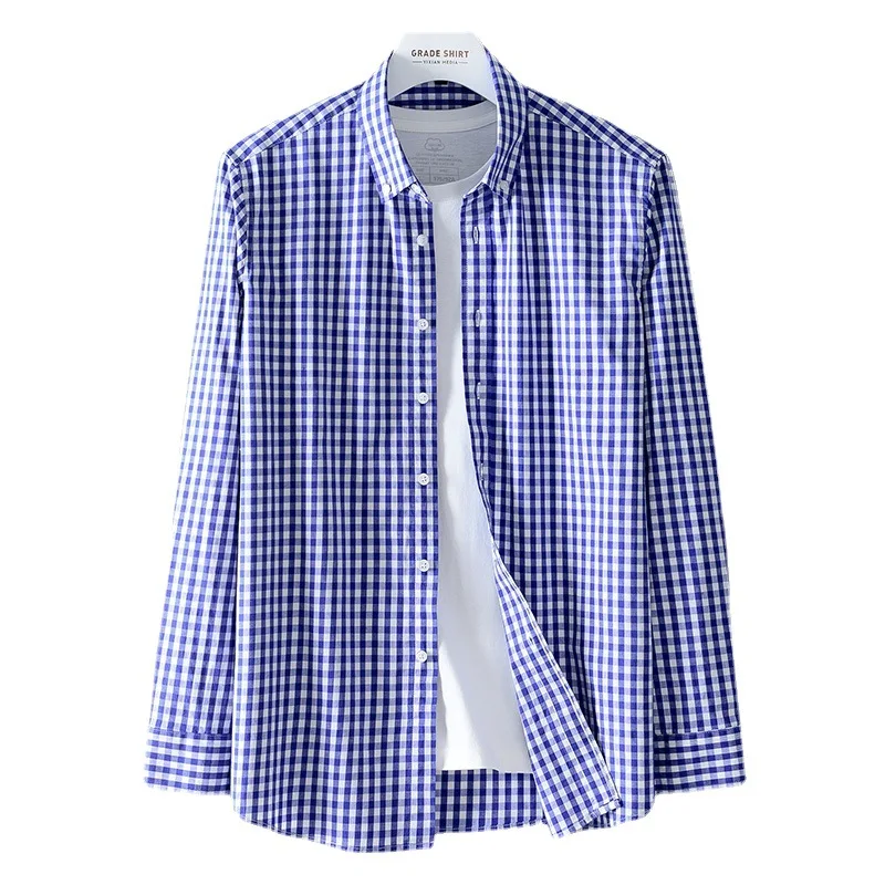 2022 New Cotton Small Plaid Shirt Gingham Grid Micro Elastic Spring and Autumn Long Sleeve Youth Shirt Men Shirts  Men Clothing