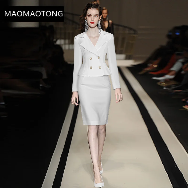 

Fashion Designer Autumn Office White Skirts Suit Women's Double breasted Long sleeves and Skirts Two Piece Set