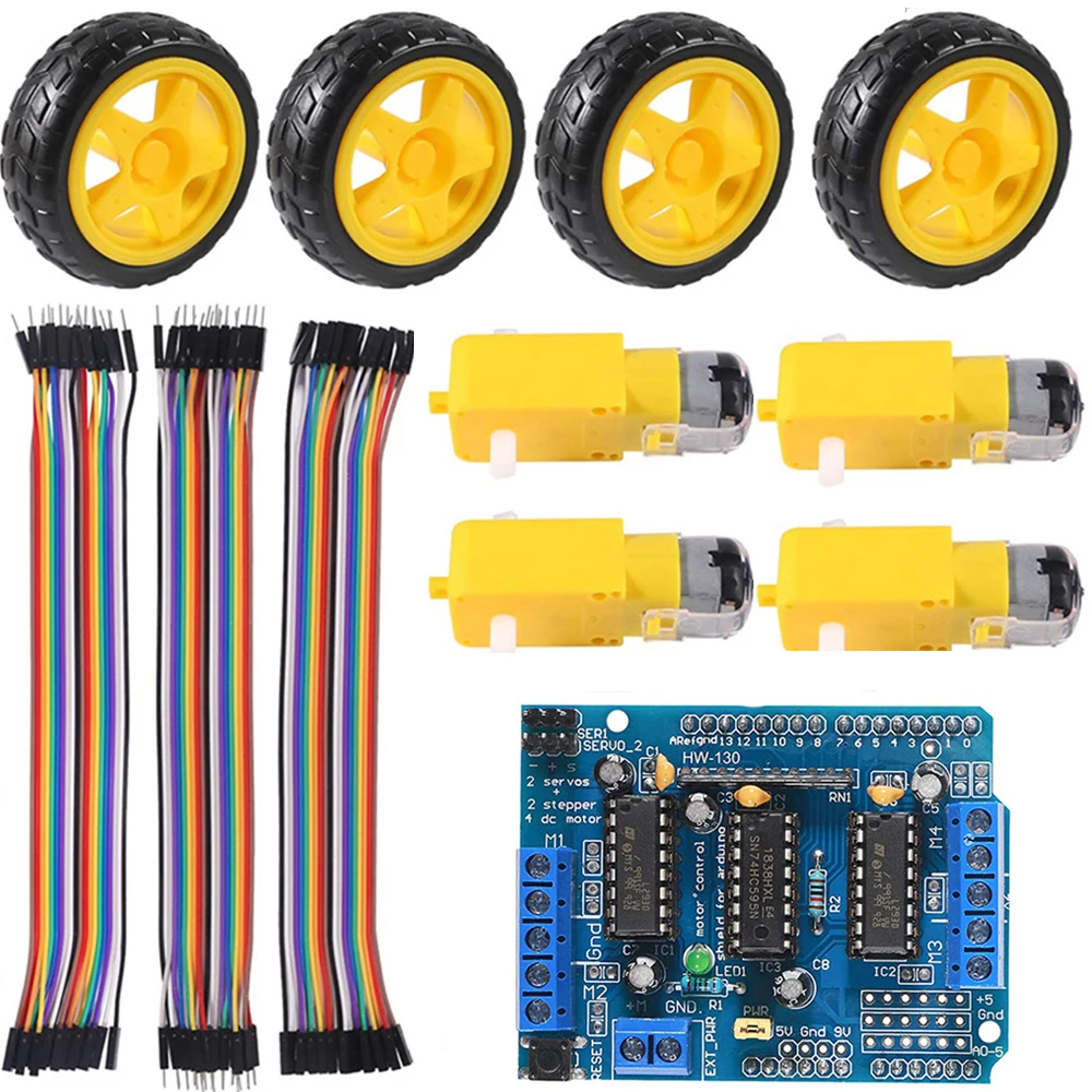 

DIY Smart Car Kit L293D Motor Drive Shield Motor Control Expansion Board for Arduino with DC Motors Wheels