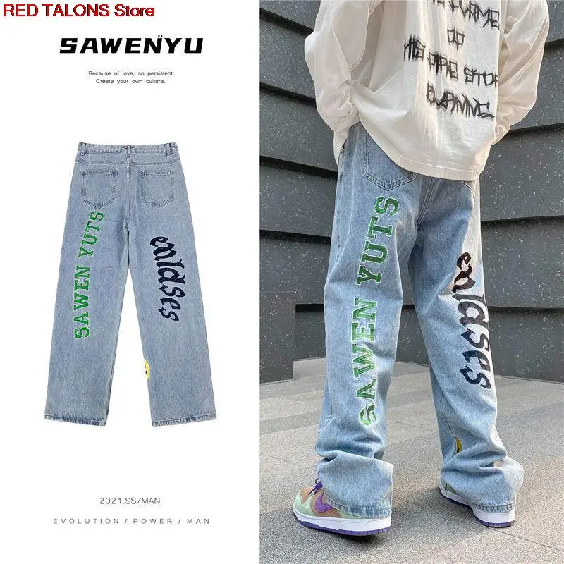 

Oversized Letter Printed Jeans American Fashion Retro Hip-Hop Style Casual Straight Pants Wide Leg Pants Harem Pants Men Women