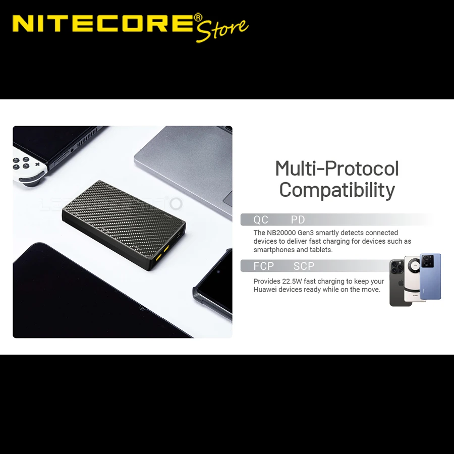 Фото Быстрозарядный внешний аккумулятор NITECORE NB20000 GEN3 из углеродного волокна, сверхлегкий, 20000 мАч, для мобильных телефонов №4