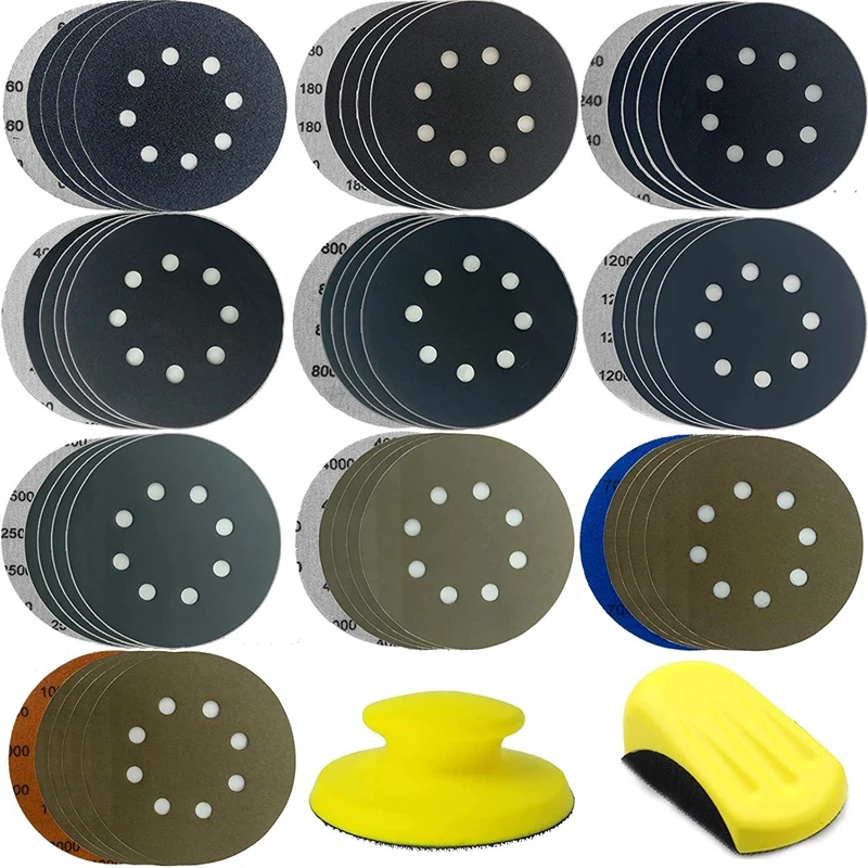 

JFBL Hot 50Pcs 8 Hole Sandpaper Sanding Discs Hook And Loop 60/180/240/400/800/1200/2500/4000/7000/10000 Grits With Hand Sander