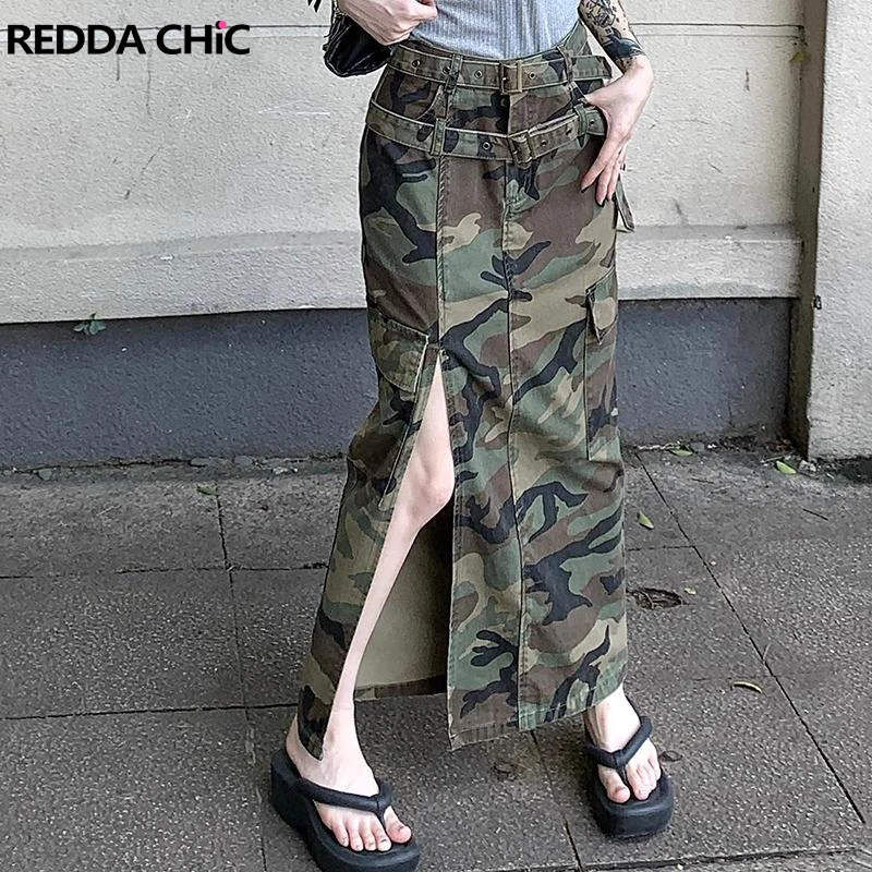 

REDDACHiC Open Leg Women Denim Maxi Skirt Camouflage Print Workout Pockets Belt Cargo Skirt Long High Rise A-line Female Bottoms