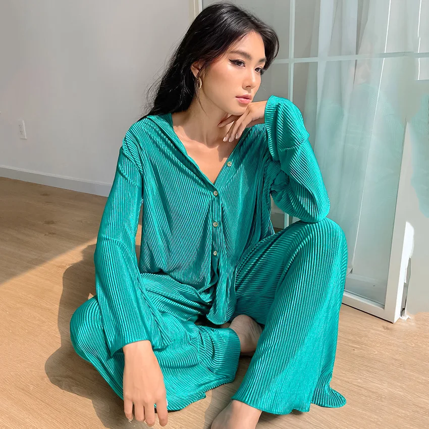 Women's Pajamas 2 Piece Set French Style Long Sleeve Button Pleated Solid Lapel Shirt Loose Pants Lounge Wear Women Nightwear