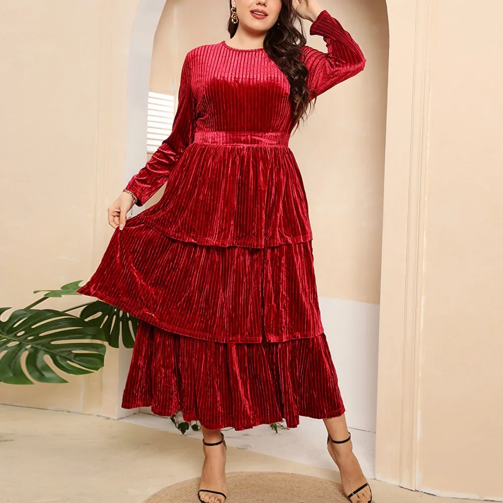 

3xl 4xl Plus Size Women Clothing Elegant Dress Spring Autumn Fashion Round Neck Long Sleeve Pleated Cake Dress Big Size Vestidos