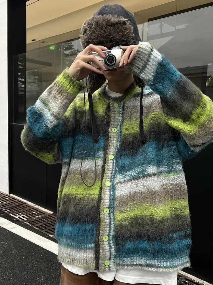 

VIvintage Tie Dyed Gradient Striped Cardigans Women Loose Oversize Couples Sweaters Y2k E-Girl Mid-length Loose Knitted Tops