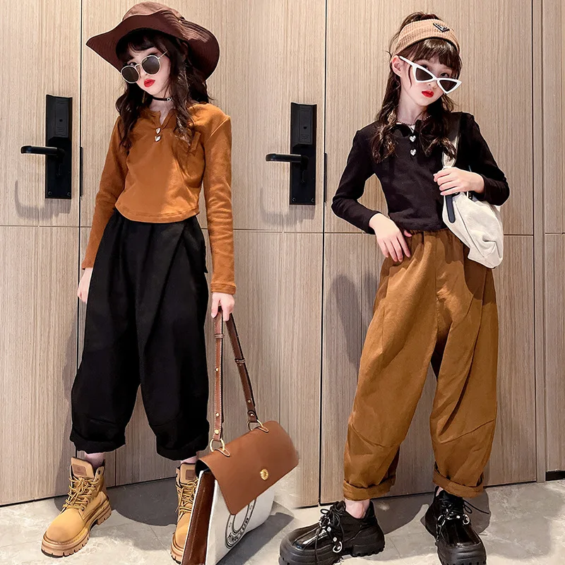 

Осенняя одежда для девочек, рубашка с длинным рукавом + свободные шаровары, комплект из 2 предметов, одежда для девочек-подростков, наряды, весенний Детский костюм