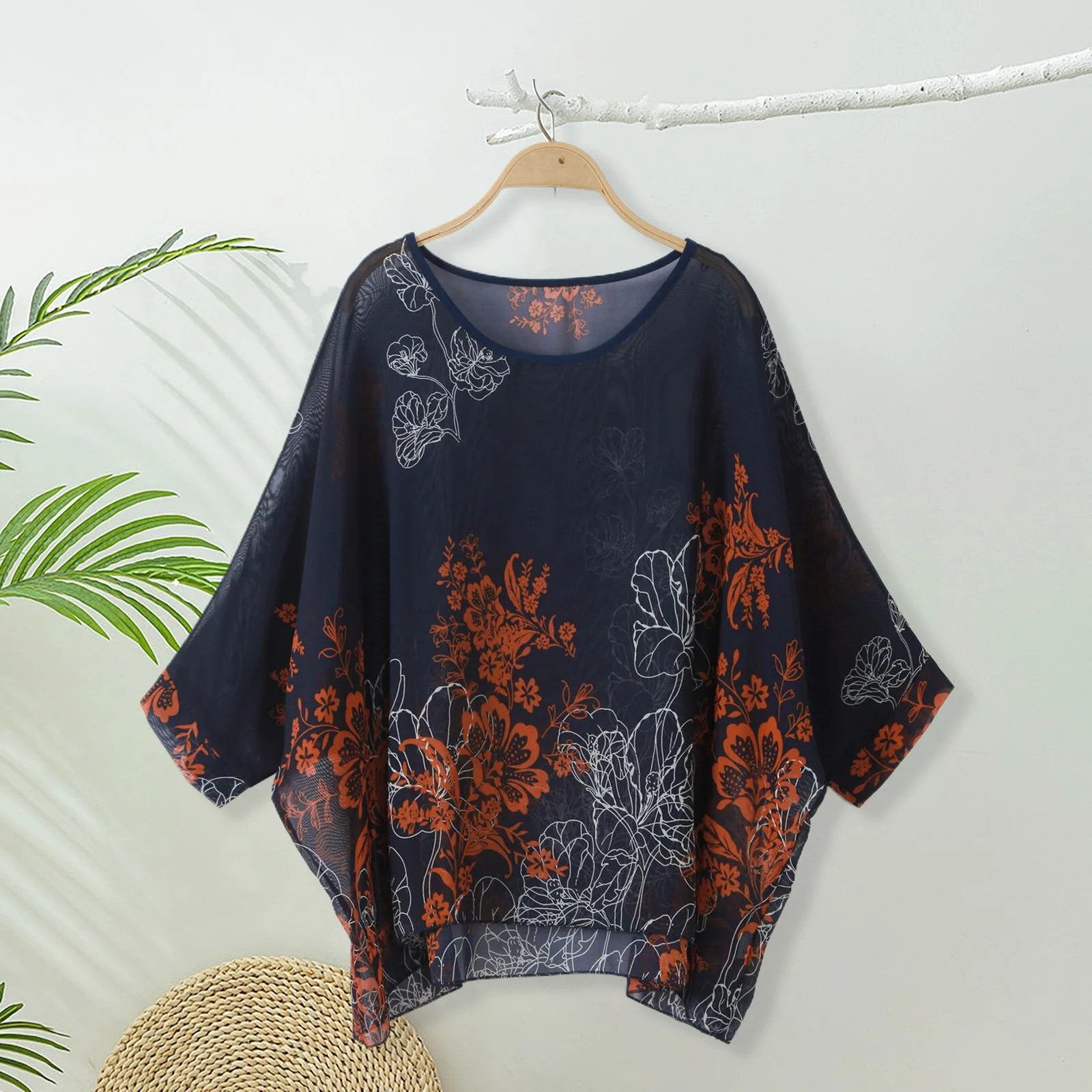 Модная шифоновая блузка с рукавами летучая мышь и круглым вырезом женская