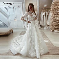 vergo modest lace applique wedding dreses a line high neck long sleeves court train arabic women elegant brida gowns vestidos
