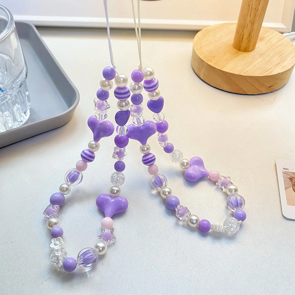 Beaded Lanyard  Beauty Mobile Phone Chain DIY Trend Jewelry Accessories Creative Durable Purple Love Ladies Short Bracelet Girl