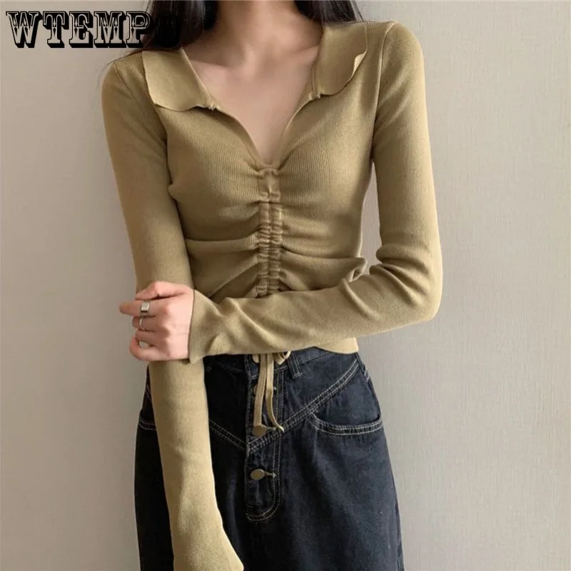 

Polo Neck Drawstring Long Sleeved Knit Sweater for Women Loose Bottomed Sweater