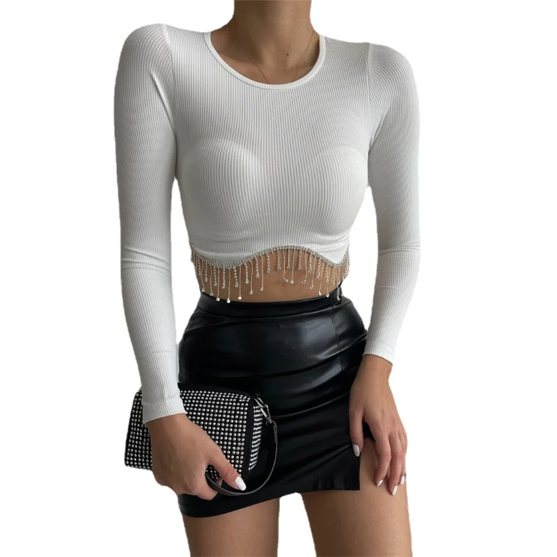 New Fashion Round Neck Long Sleeve Top Sexy Rhinestone Tassel Slim Fit Navel T Shirt Women