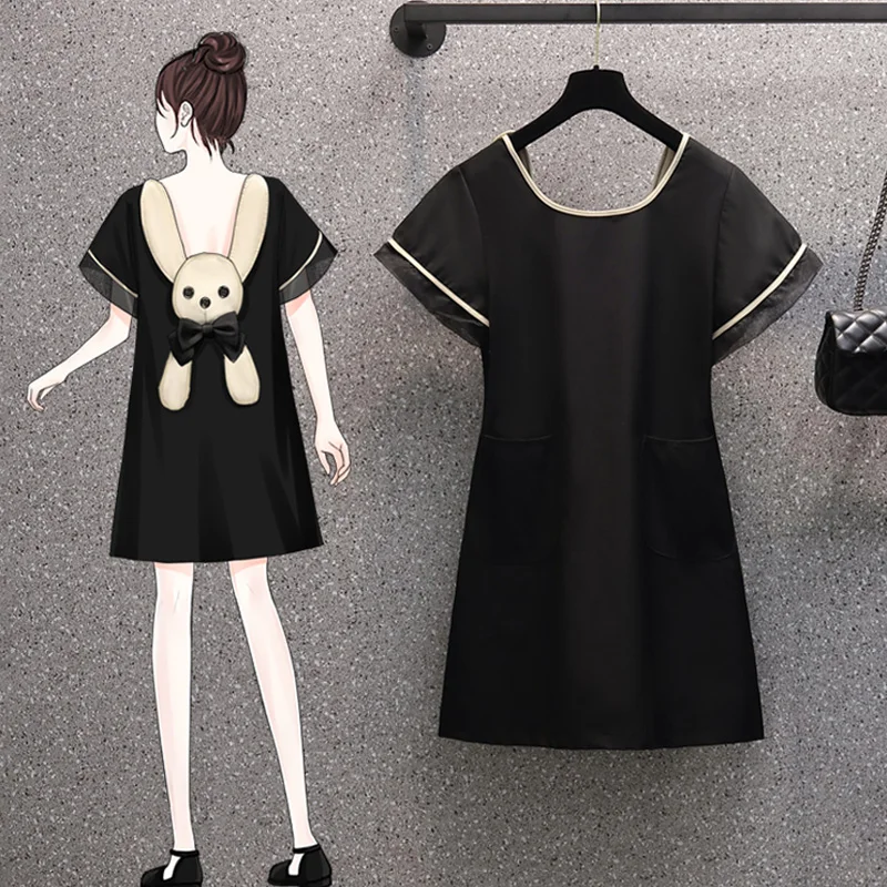 

Women Summer Mini Dress Plus Size O Neck Short Sleeve Backless Bow A Line Elegant Slim Black Casual Polyester Party Vestido 2022
