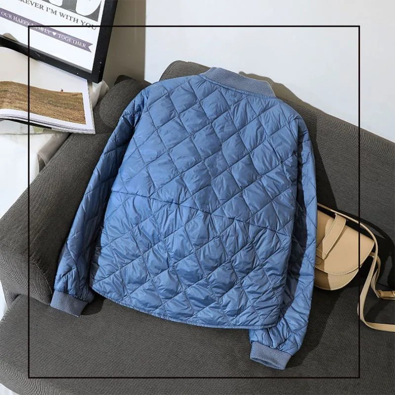 Women's Light Cotton Clothes Short Light Feather Leisure Loose Baseball Jacket Rhombus Pattern Thin Autumn Winter New Coat