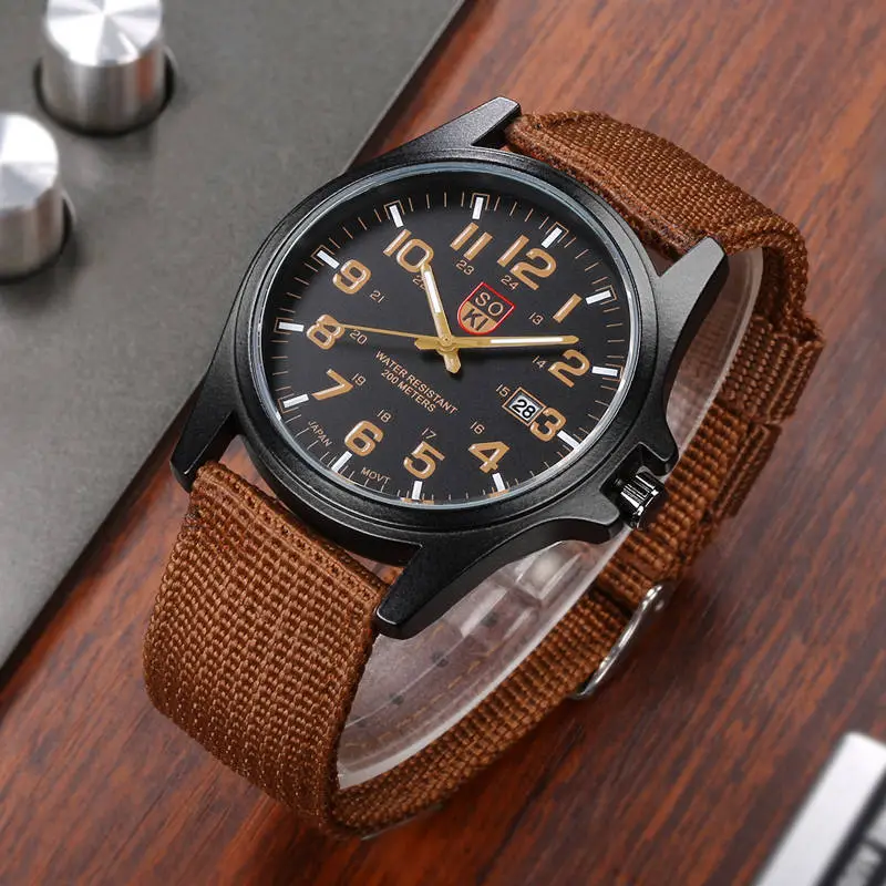 Brown Men Nylon Strap Quartz Watch Fashion Simple Round Glass Dial Date Watch For Daily Work Sports 1