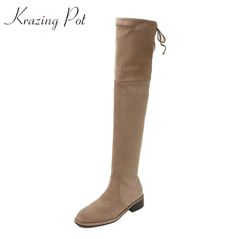 

Krazing Pot Flock Thick High Heels Thin Leg Round Toe Stretch Long Boots Leisure Mature Winter Shoes Slip on Over-the-knee Boots