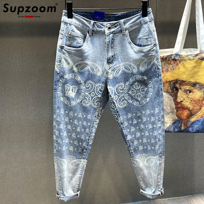 Supzoom 2022 New Arrival Hot Sale Top Fashion Print Light Jeans Men Abstract Pattern Casual Ethnic Motifs Denim Four Seasons