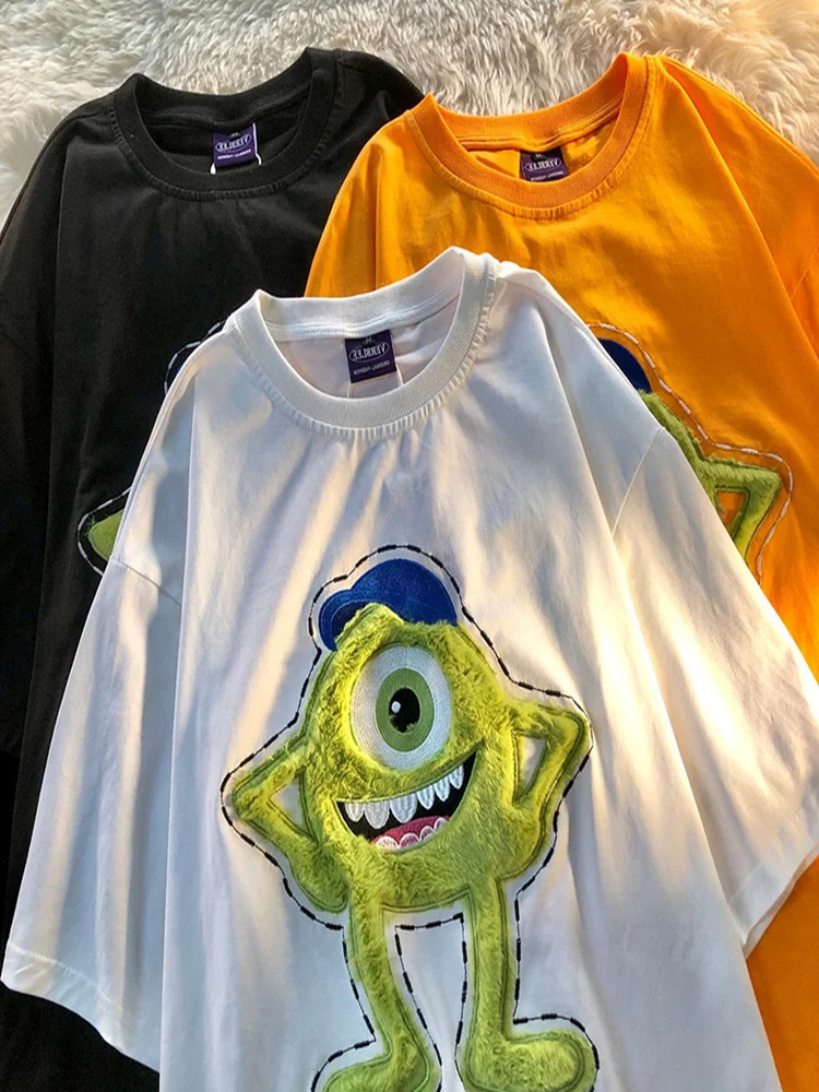 

H.SA Summer Woman Cotton Loose Couple T-shirt 2022 Female Ins Street Fun One-eyed Monster Embroidery Short-sleeve O-neck Tops