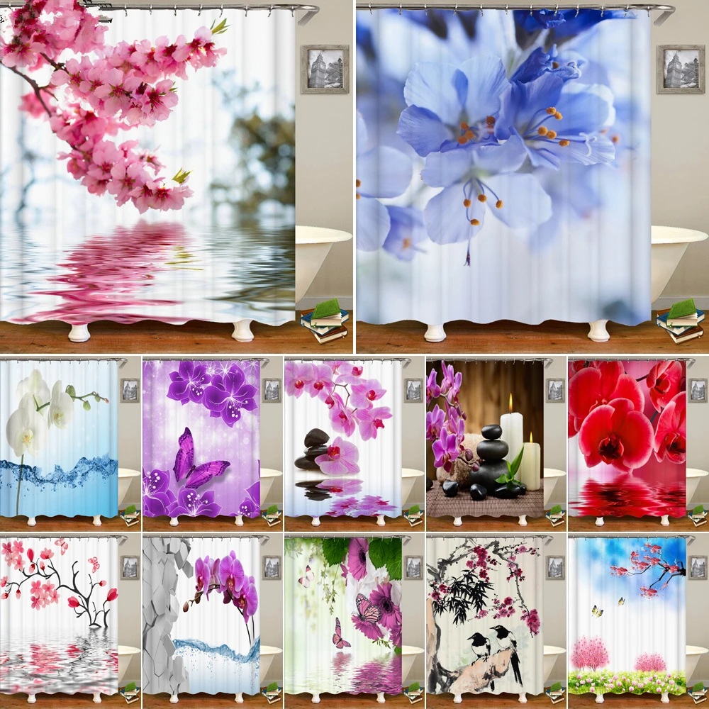 

Colorful Tulip Lotus Flowers Trees Shower Curtain Waterproof Bathroom Curtains Nature Flower Polyester Fabric for Bathtub Decor