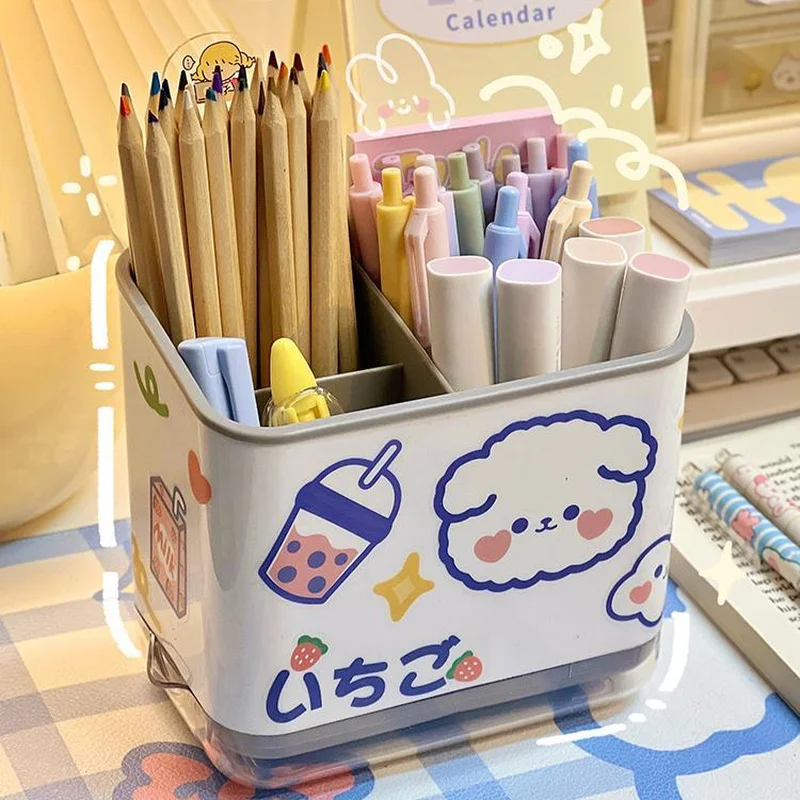 

Kawaii Large Pen Holder For Desk Plastic Creative Cute Grid Organizer With Sticker For Pens Makeup Brush Home Office Storage Box