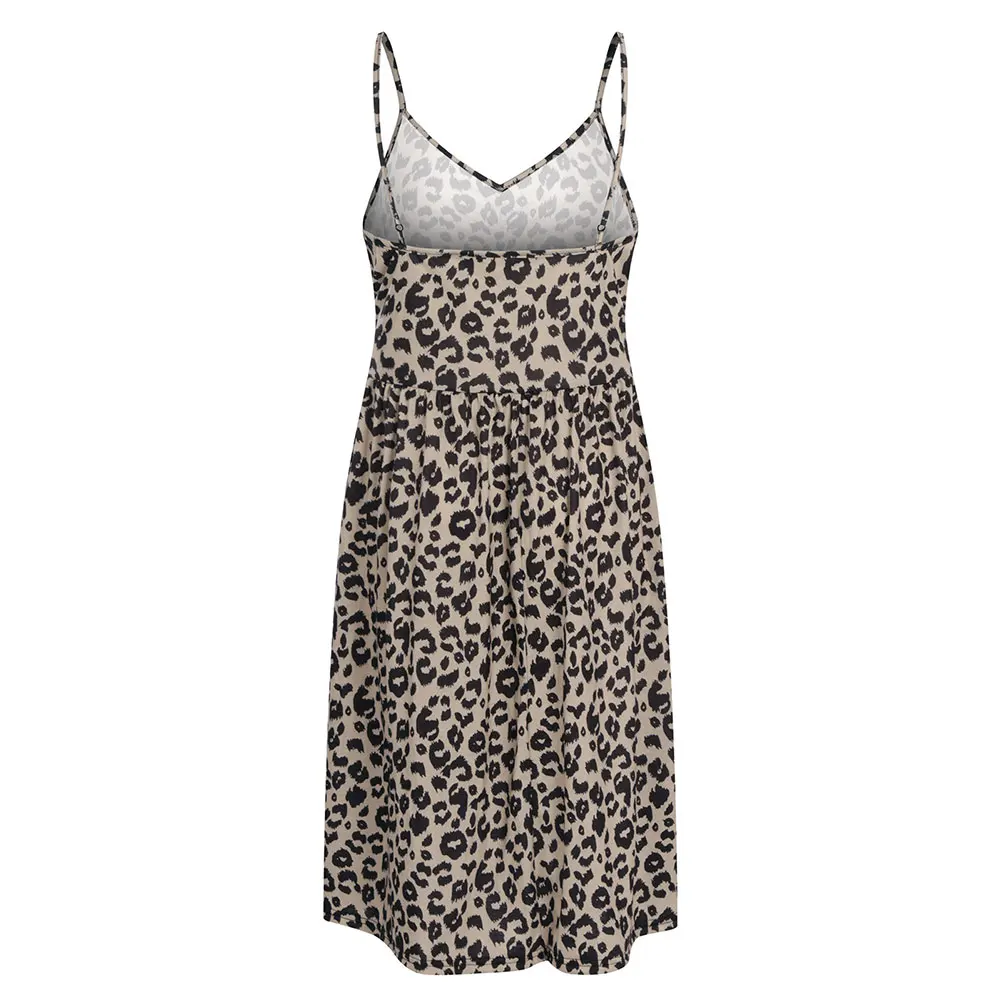

V Neck Women Dress Polyester Daily Party Backless Sleeveless Sexy Beach Spaghetti Strap Casual Leopard Print Elastic Waist