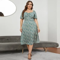 dress plus size womens french square neck waist slit long floral dress elegant chic casual loose dress summer 2022 new