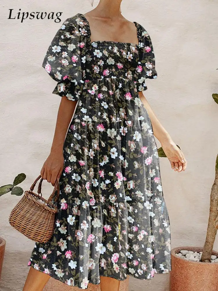 

Fashion Square Collar Puff Short Sleeve Dress Summer Women Floral Print Midi Dresses Gentle Holiday Waist A-Line Beach Sundress