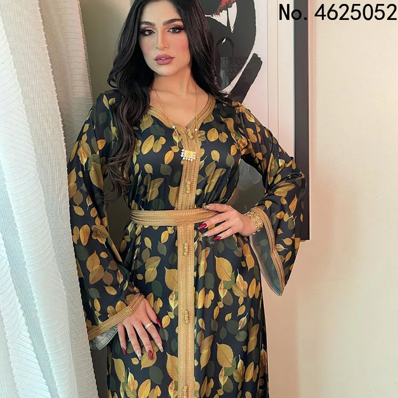 

Elegant Ethnic Print Maxi Dress for Women Autumn 2022 New Muslim Jalabiya Dubai Moroccan Caftan Middle Eastern Clothes