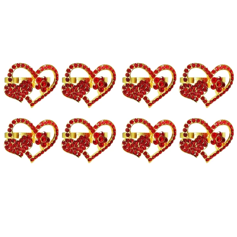 

Set Of 8 Napkin Ring Holder Metal Heart Shaped Napkin Ring For Wedding Table Decor Valentine's Day (Gold With Red)