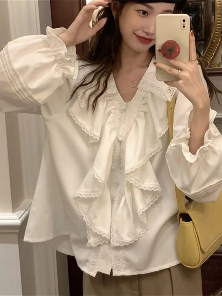

Alien Kitty Lace Women Blouses V-Neck Daily Work Wear Full Sleeve Ruffles 2022 Spring Office Lady Sweet OL Elegant Shirts