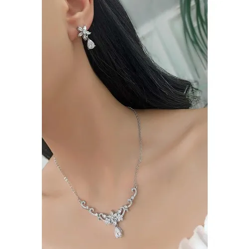 

Evening Dress Set Zircon Stone Flower Figure Necklace Earring Set