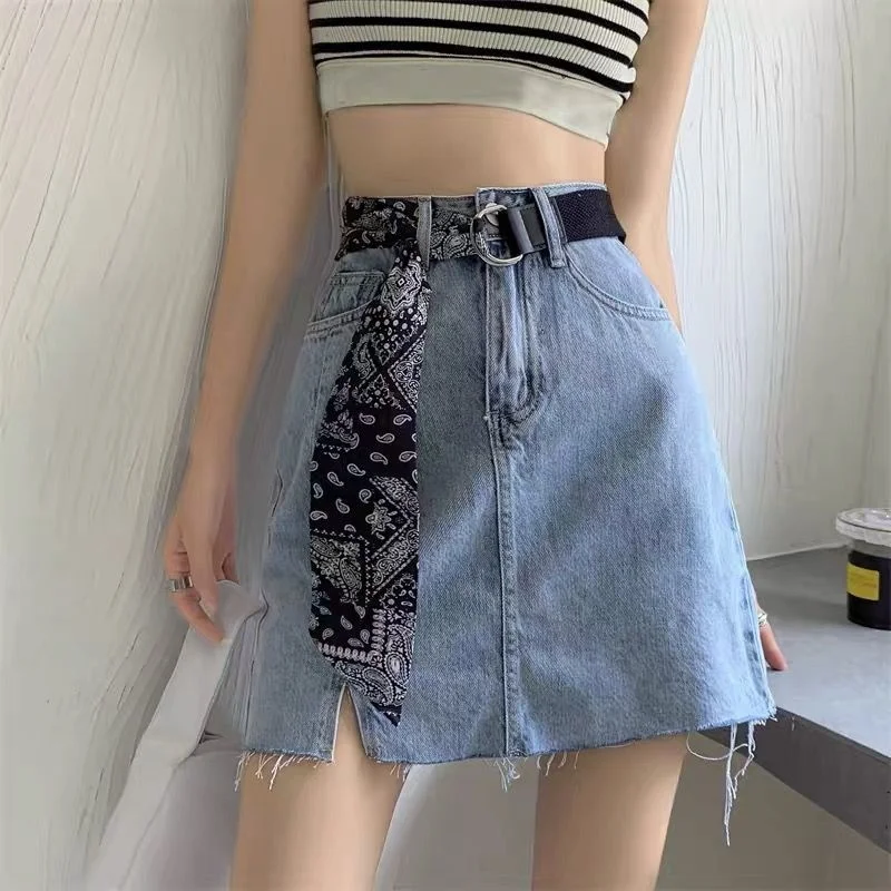 

Korean Fashion Denim Skirts Women Summer High Waist Short Skirt Femme A-line Jeans Skirts College Students Sundress With Belt