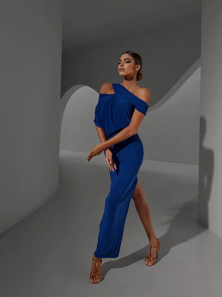 

ZYM Ballroom Latin Dance Dress Elegant Design Loose Fit Wear Slit Shoulder Black Blue Evening Party Long Dress for Prom #2304