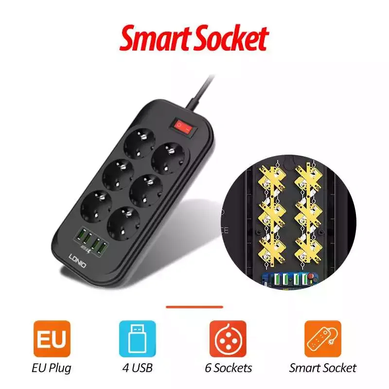 

LDNIO EU Plug 3.4A 4 USB Electrical Socket Smart Extension Power Strip Charger Adapter 6 Outlet Surge Protection Switch Home
