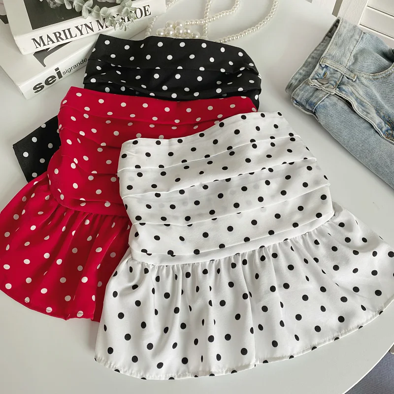 

Beach Design Polka Dot Ruffle Tank Vest Women Tops 2023 Korean Summer Temperament Short Bottom Suspender Women Tops