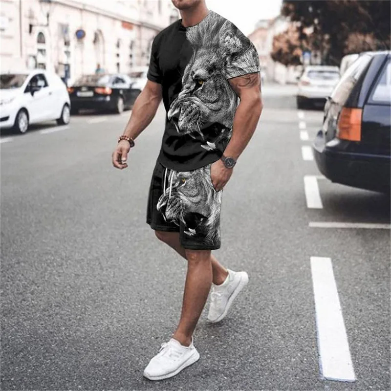 

2022 New Summer Men Sets Lion Tracksuits Clothing Men's Sportswear Casual Shorts+t shirts Set Sweat Suits Summer Tracksuit Sets