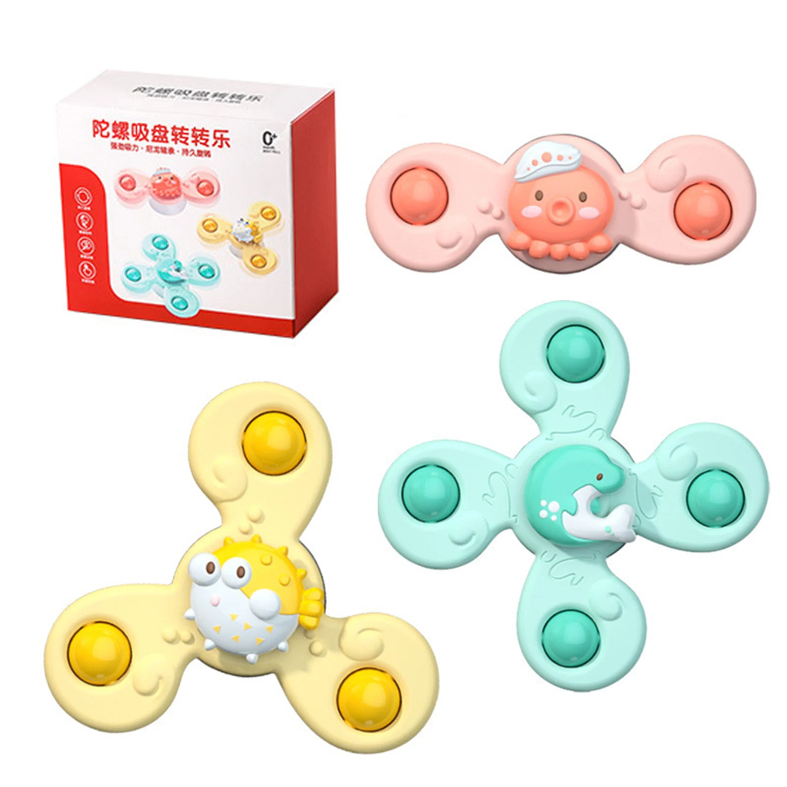 

3pcs Suction Toys For Babies 3 Piece Rotating Sensory Toys With Suction Cups Cute Cartoon Animal Spinning Top Toys For 1-3 Boy