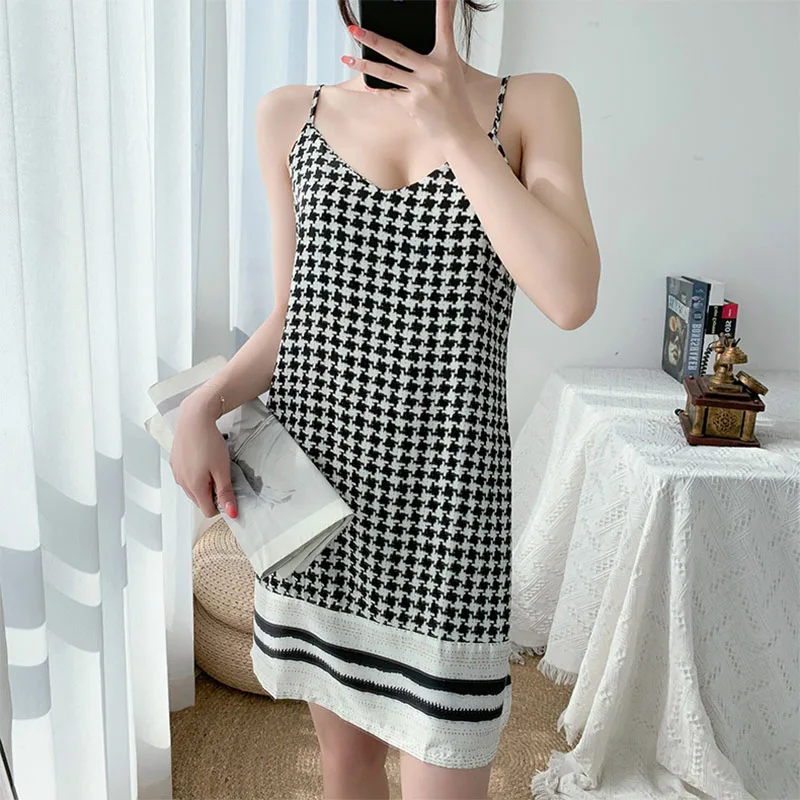 YFTNH Women Night Dress Summer Plaid Sleeveless Sleepwear Suspender Skirt Nightgown Mini Dresses Fashion Ladies Homewear