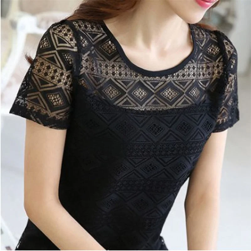 

New Women Chiffon Blouse Lace Crochet Female Korean Shirts Ladies Blusas Tops Shirt White Blouses Slim Fit Tops