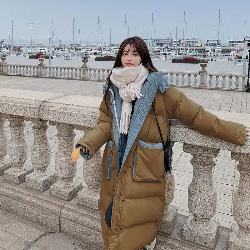 New Korean Fashion Patchwork Loose Down Cotton Coats Women Winter Long Loose Thick Warm Thick Padded Jacket Female Clothing Tops