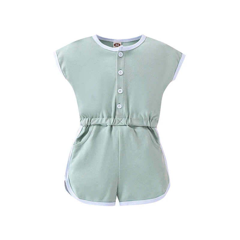 

Children's Jumpsuit Shorts with Round Neck Short Sleeves Elastic Waist Button Design Summer Jumpsuit