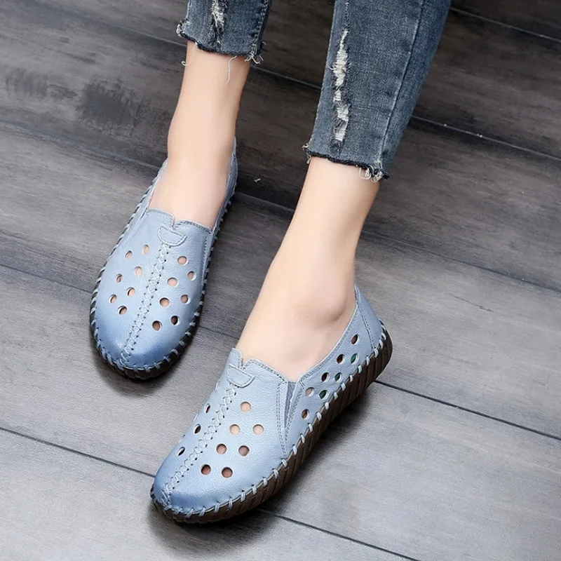 Red Hollow Out Flats For Women Genuine Leather Loafers Breathable Flat Shoes Ladies White Loafers Women's Ballet Flats Moccasins