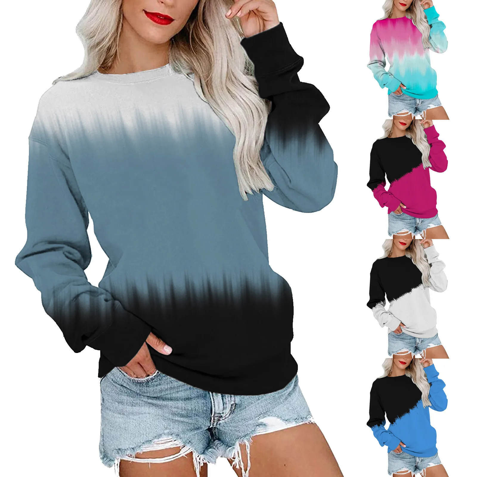 

Женский свитшот с круглым вырезом, Свободный пуловер с длинным рукавом и градиентом, весенний Свитшот оверсайз, 2023